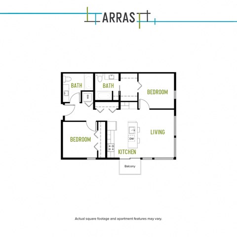Floor plan for 2 beds, 2 baths, 970 sqft